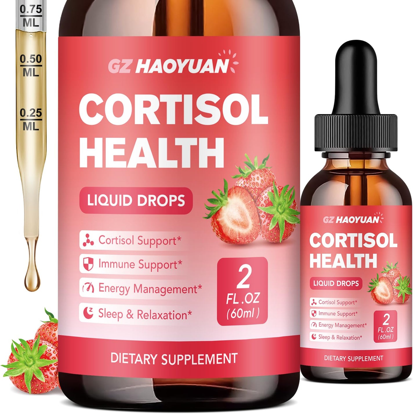 GZ HAOYUAN Cortisol Support Drops – 2 fl oz – Strawberry (Magnesium, Ashwagandha & L-Theanine)