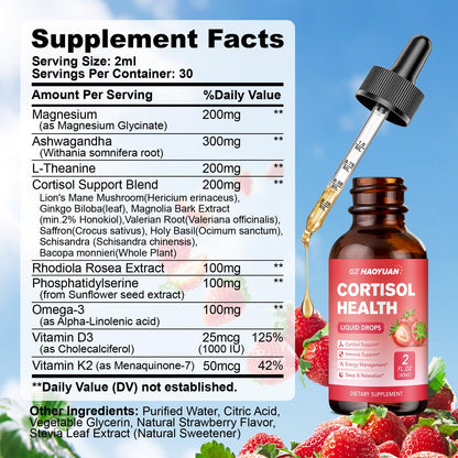 GZ HAOYUAN Cortisol Support Drops – 2 fl oz – Strawberry (Magnesium, Ashwagandha & L-Theanine)