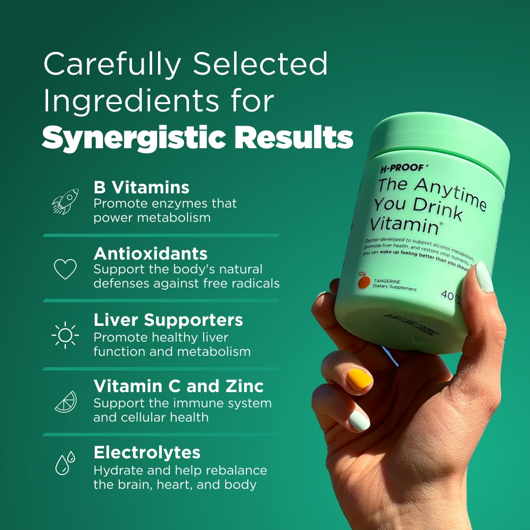 H-PROOF The Anytime You Drink Vitamin — Liver Health & Immunity Support, 40 Chewable Tablets, Vegan, Black Cherry