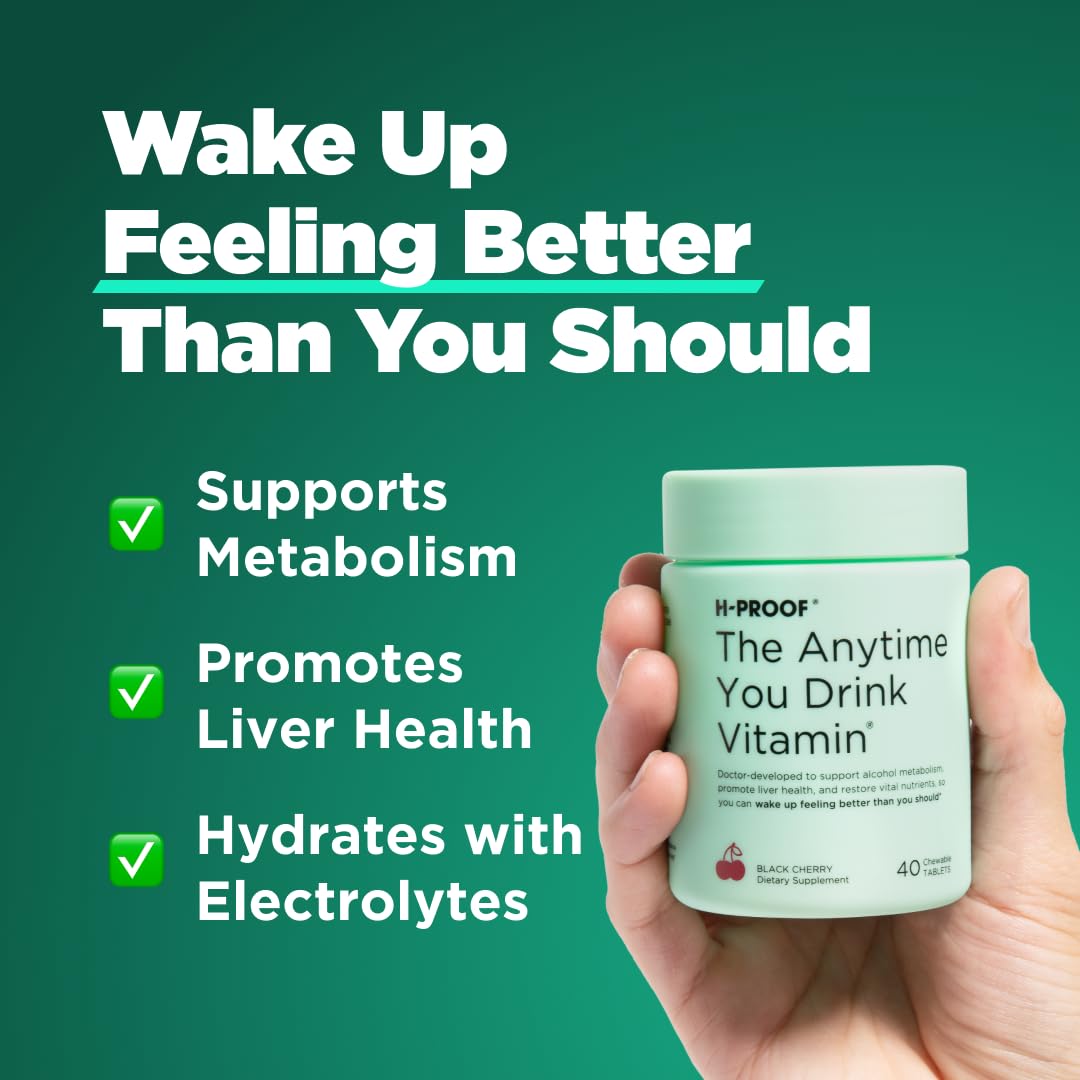 H-PROOF The Anytime You Drink Vitamin — Liver Health & Immunity Support, 40 Chewable Tablets, Vegan, Black Cherry