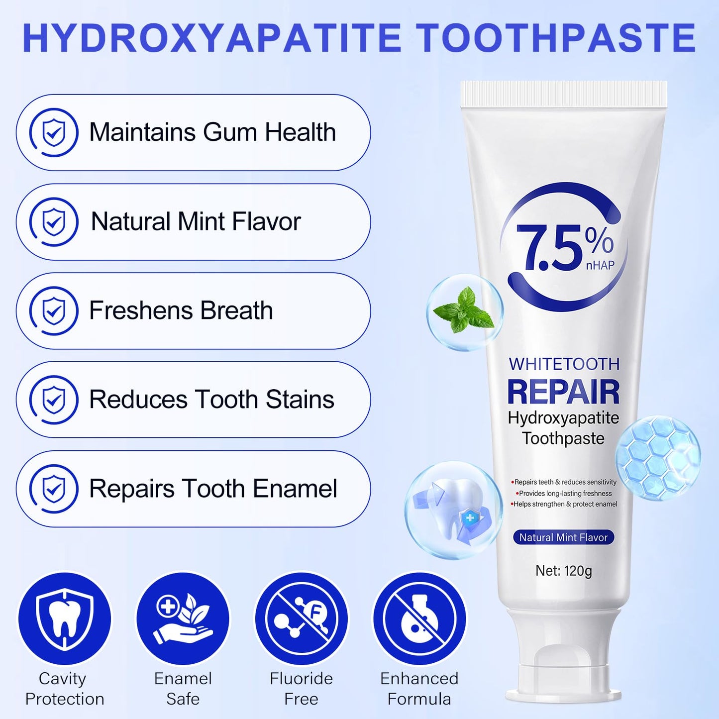 Hydroxyapatite Toothpaste – Enamel Protection & Gentle Mint (2 Tubes, 4.23 oz)