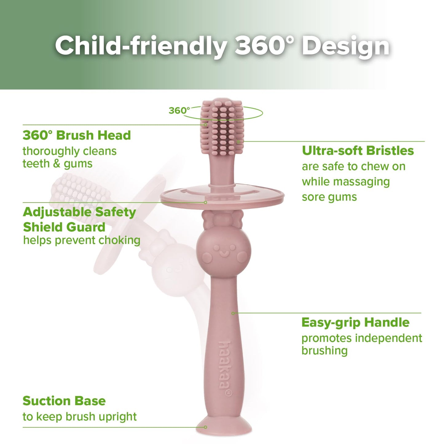 Haakaa 360° Baby Toothbrush with Suction Base – Gentle Self-Brushing Training (Blush)