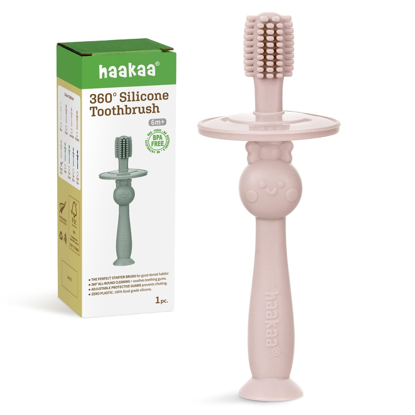 Haakaa 360° Baby Toothbrush with Suction Base – Dusty Pink (1 Piece)