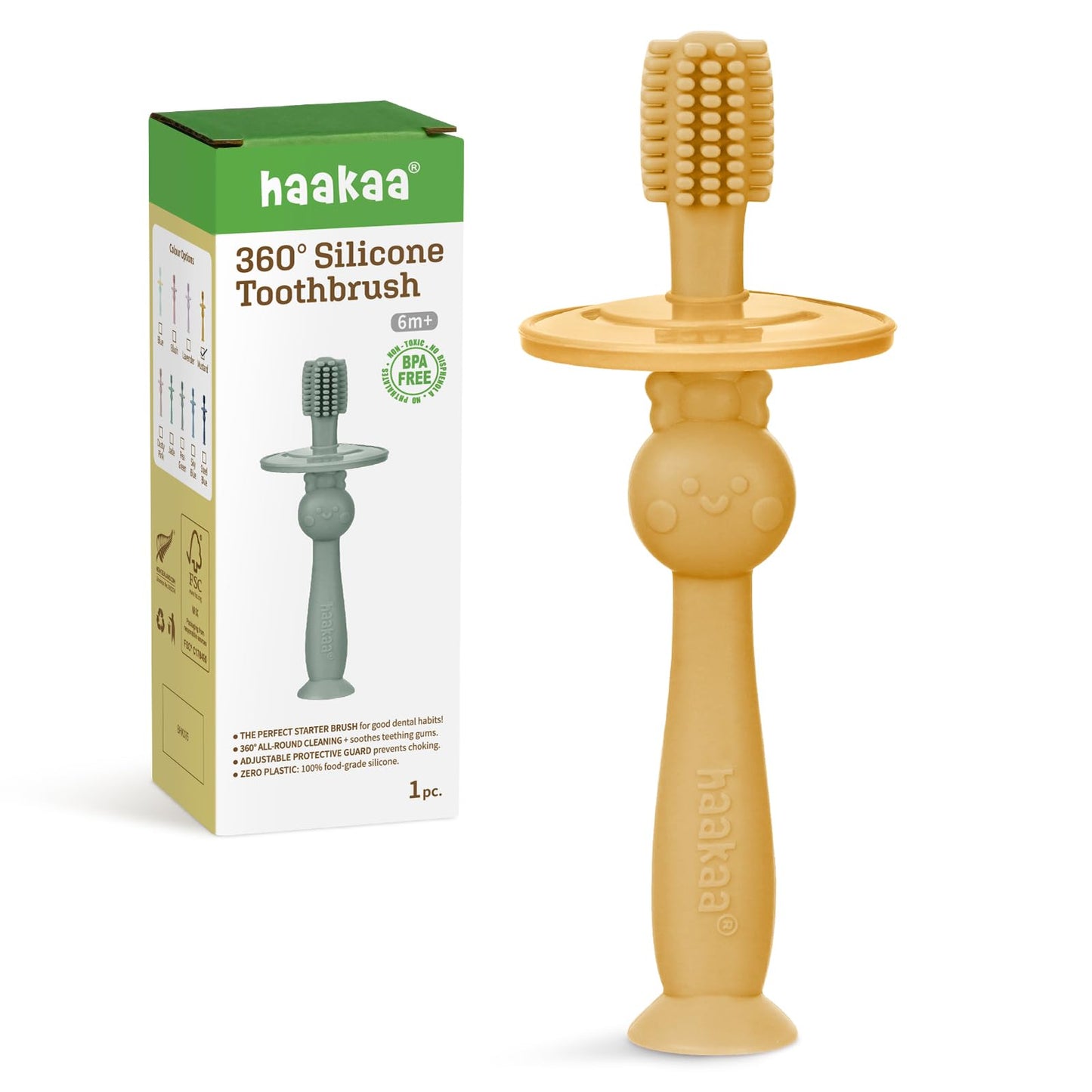 Haakaa 360° Baby Toothbrush with Suction Base – Toddler Self-Brushing Training, Food-Grade Silicone, Mustard