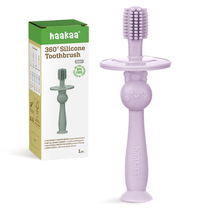 Haakaa 360° Baby Toothbrush with Suction Base | Gentle Cleaning for Infants, Sorft Food-Grade Silicone, Lavender