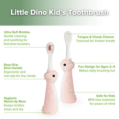 Haakaa Dinosaur Toothbrush for Kids 2-4 (Pink) – Soft Bristles, Silicone Handle, BPA-Free, 2 Count