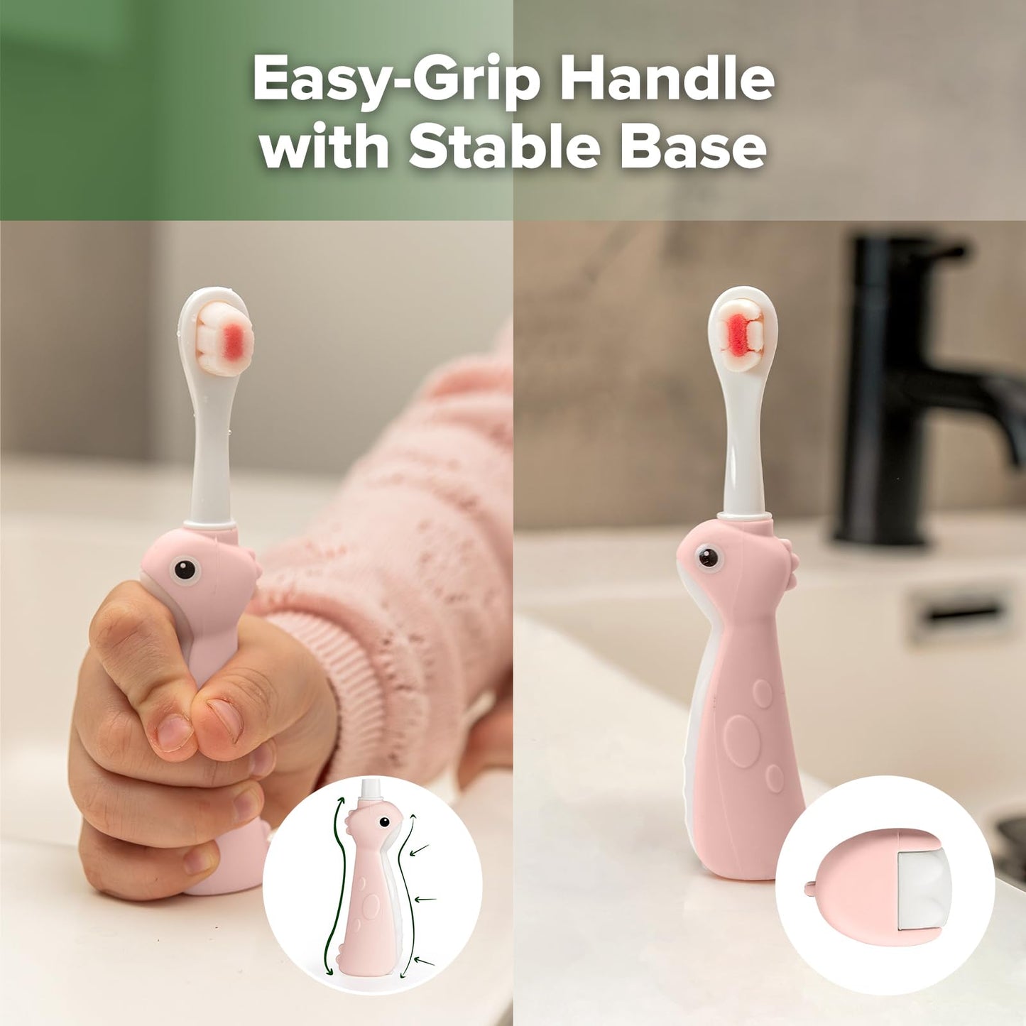 Haakaa Dinosaur Toothbrush for Kids 2-4 – Soft Bristles, Silicone Handle, Non-Slip Grip & Tongue Cleaner | BPA-Free, Pink - 1 Count