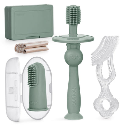 haakaa Training Toothbrush Set - Soft Silicone Baby Toothbrush Kit (Pea Green)