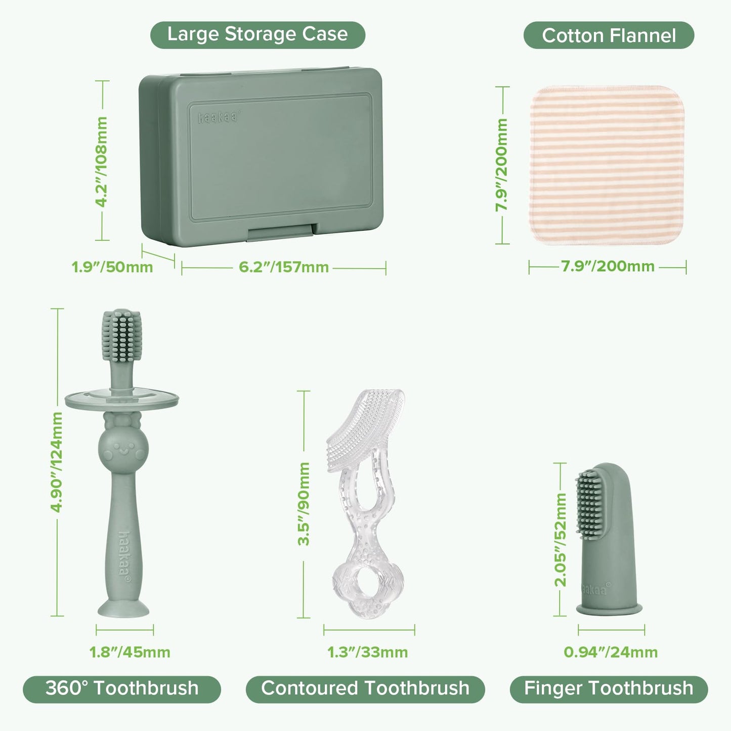 haakaa Training Toothbrush Set - Soft Silicone Baby Toothbrush Kit (Pea Green)