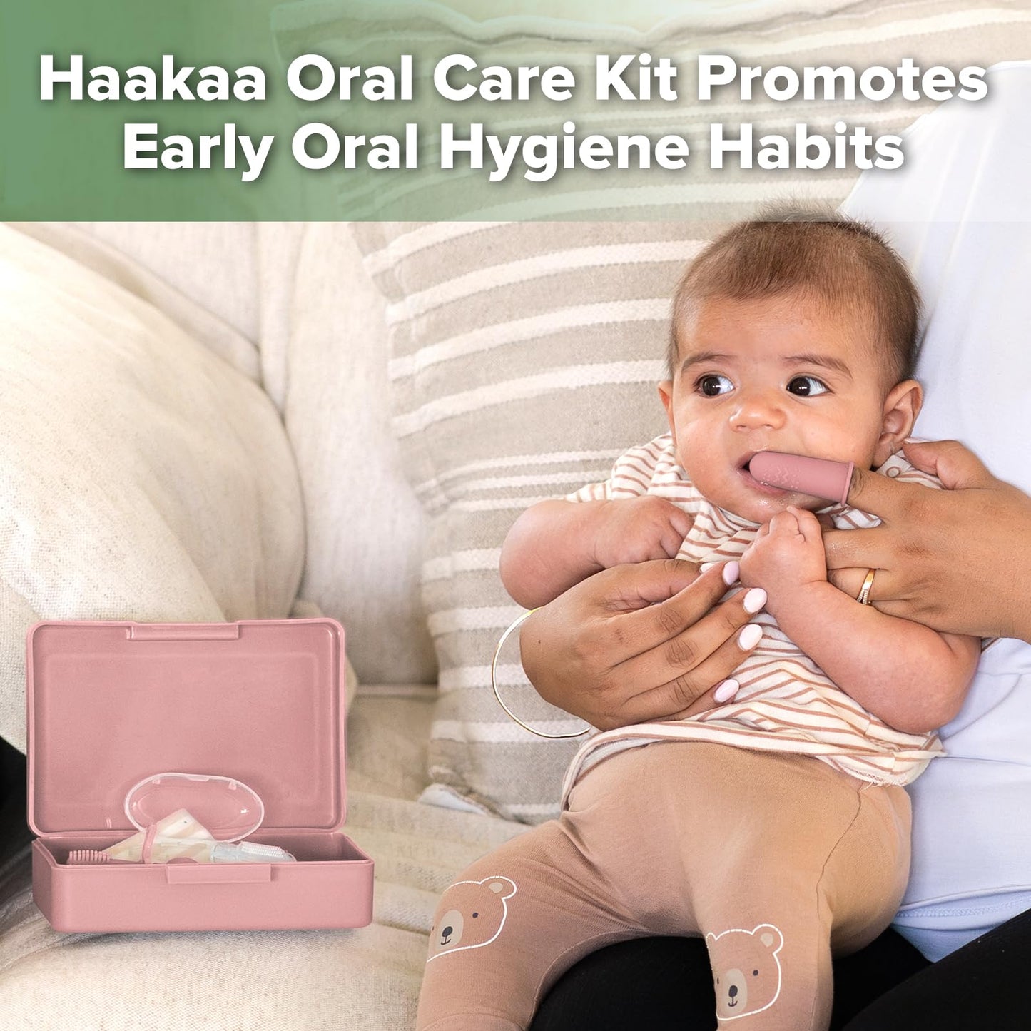 haakaa Training Toothbrush Set - Soft Silicone Baby Toothbrush Kit (Blush)