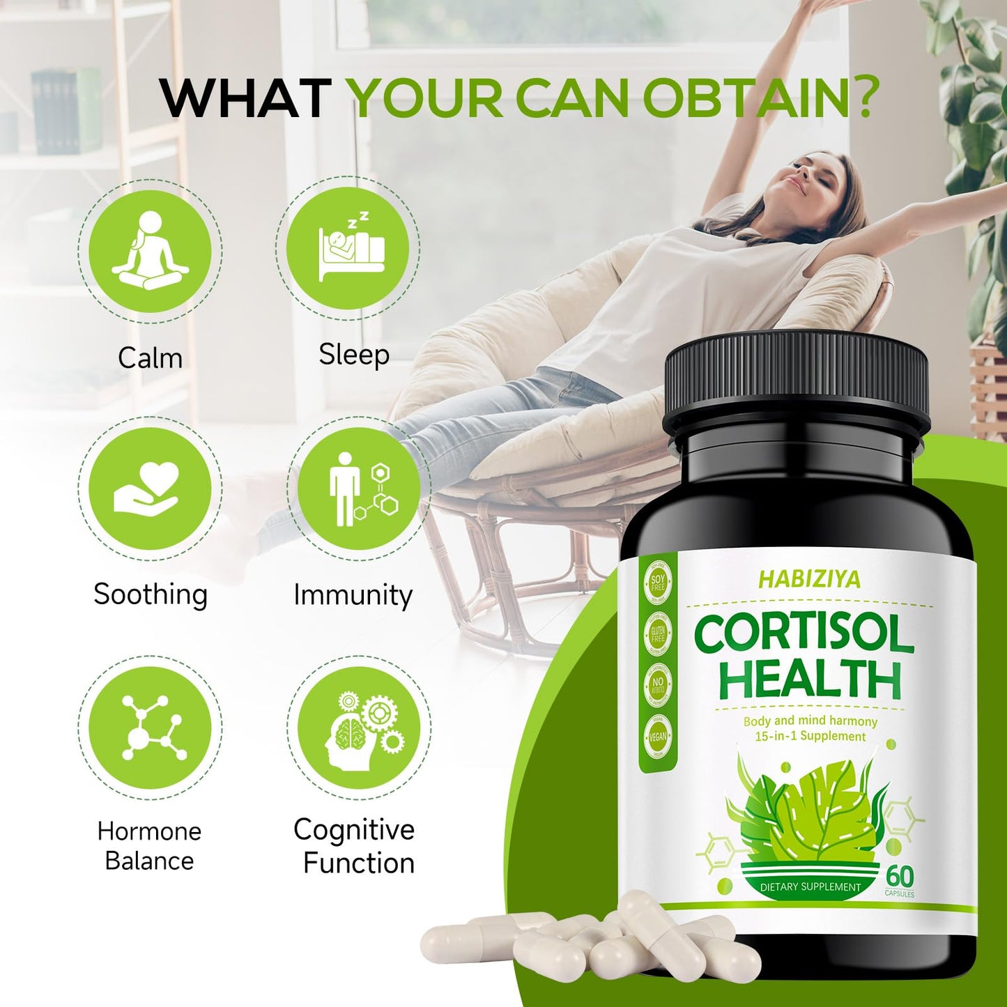 HABIZIYA Cortisol Support Supplement - 15-in-1 Hormone Balance (60 Capsules) with Magnesium Glycinate, L-Theanine, Ashwagandha