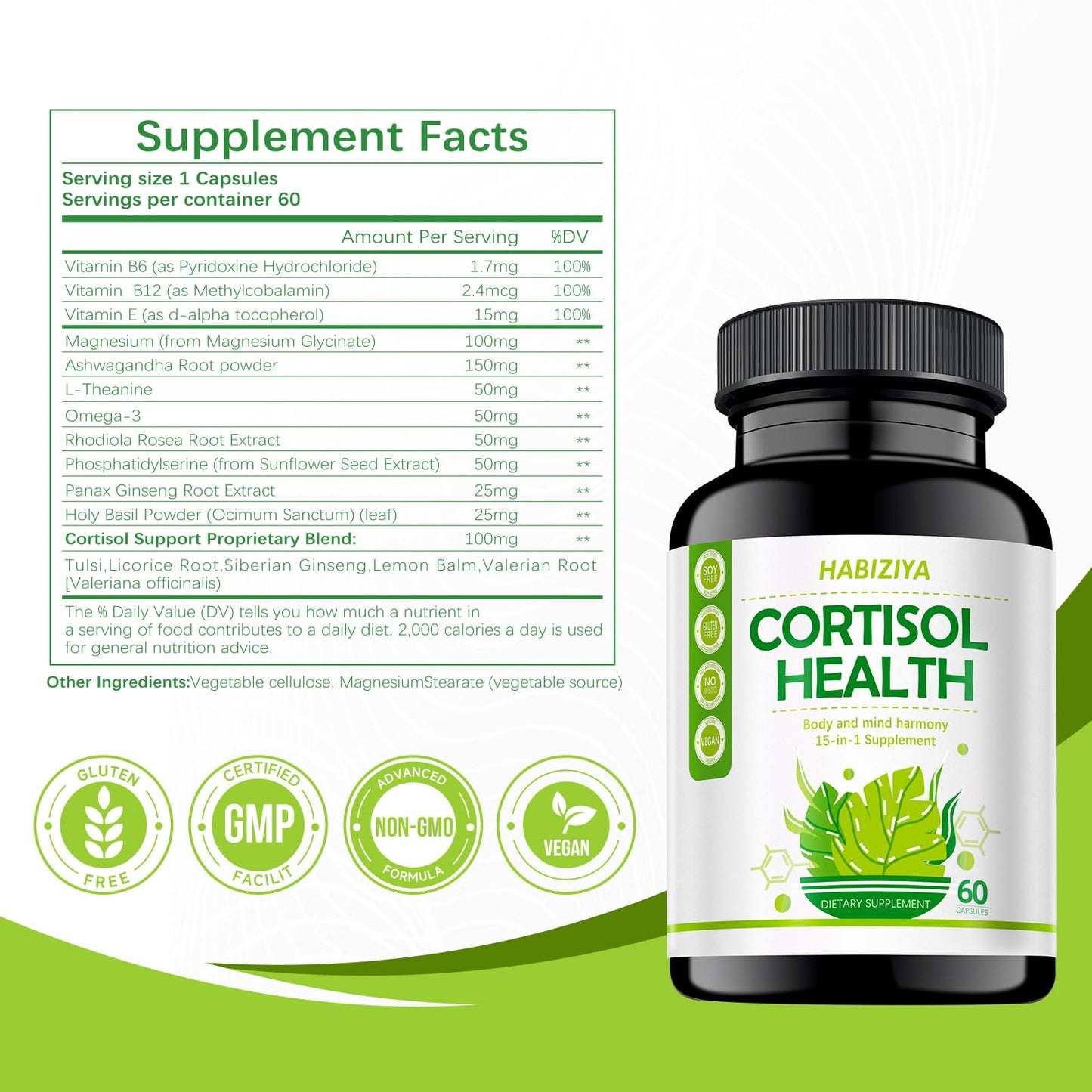 HABIZIYA Cortisol Support Supplement - 15-in-1 Hormone Balance (60 Capsules) with Magnesium Glycinate, L-Theanine, Ashwagandha