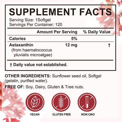 Astaxanthin 12mg 120 Softgels (4-Month) – Haematococcus Pluvialis, Non-GMO