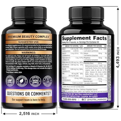 Nutraharmony Biotin + Collagen + Keratin with Hyaluronic Acid — Hair, Skin & Nails Support, 25,000 mcg Biotin, 120 Capsules, Made in USA