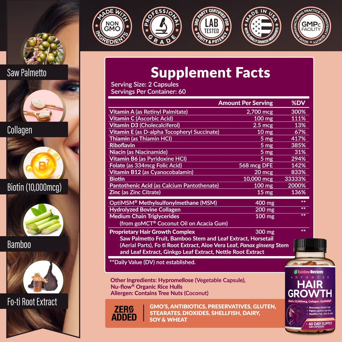 Rainbow Nutrients Hair Growth Vitamins for Women – 2 Pack with Biotin 10,000 mcg, Collagen, OptiMSM, Saw Palmetto