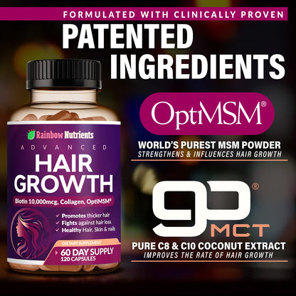 Rainbow Nutrients Hair Growth Vitamins for Women – 2 Pack with Biotin 10,000 mcg, Collagen, OptiMSM, Saw Palmetto