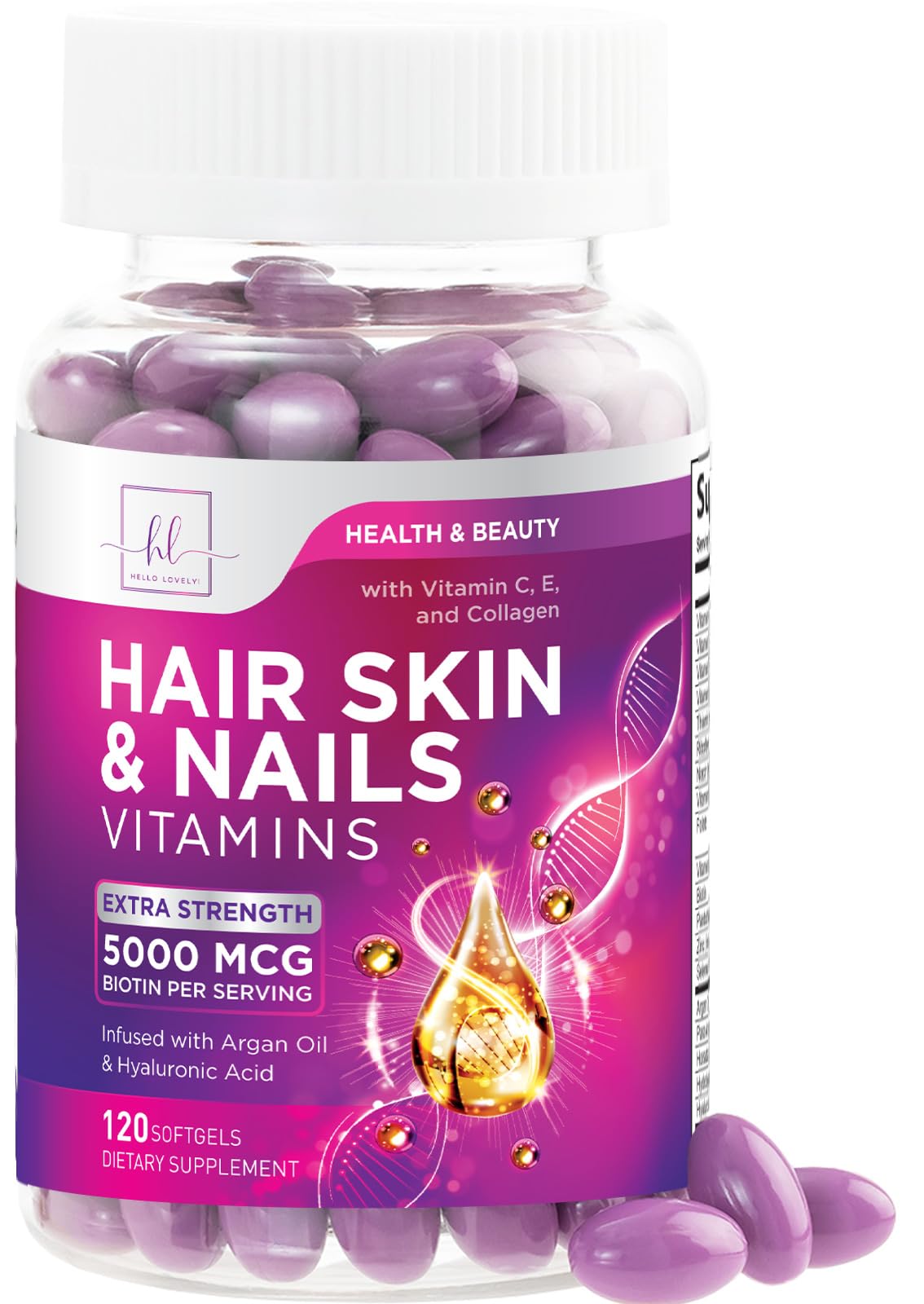 Hair, Skin & Nails Vitamins for Women - Biotin 5000mcg + Argan Oil, Collagen & Hyaluronic Acid | 120 Softgels
