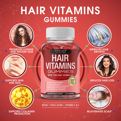 Hair Vitamin Gummies for Women & Men – Biotin 5000mcg, 60 Count | Non-GMO