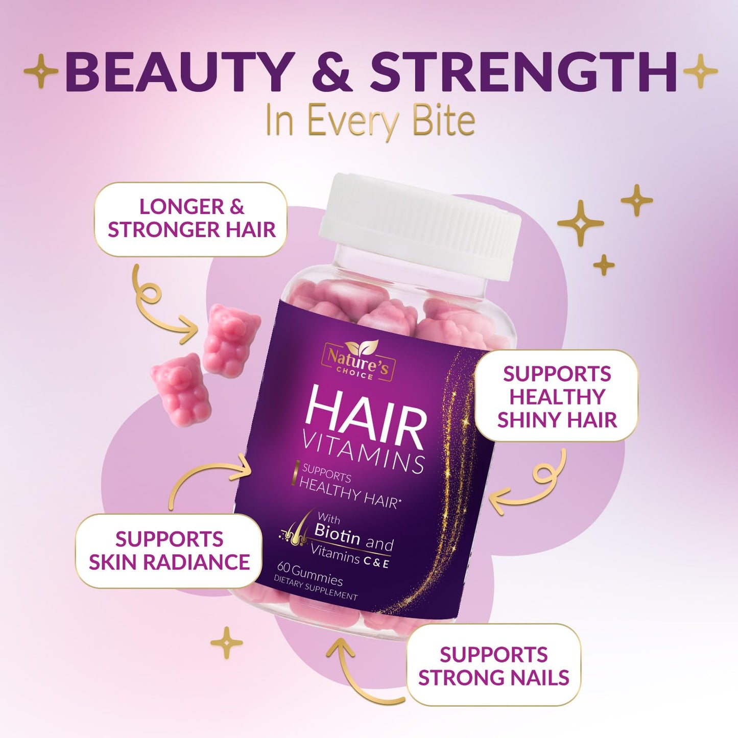 Hair Vitamin Gummies – 5000 mcg Biotin, Vegetarian, Non-GMO | 60 Gummies