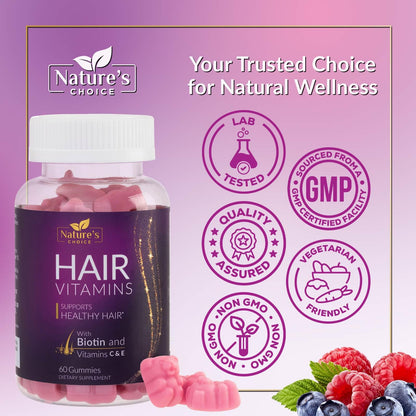 Hair Vitamin Gummies – 5000 mcg Biotin, Vegetarian, Non-GMO | 60 Gummies