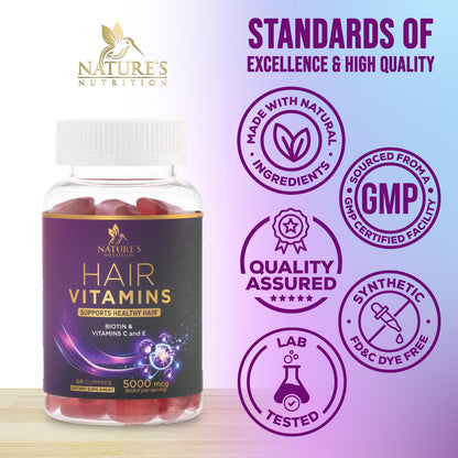 Hair Vitamins Gummies with Biotin 5000 mcg – Hair Growth, Skin & Nails – Non-GMO, Gluten Free – 60 Gummies