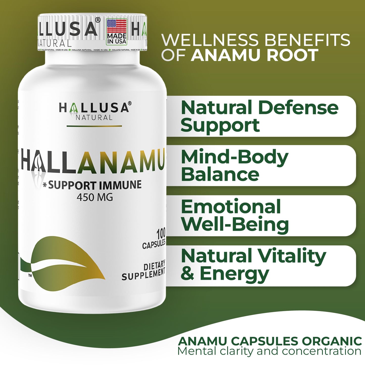 Hallusa Natural Anamu Root 450 mg – Organic Anamu Capsules (Petiveria alliacea) – Immune Support & Energy – 100 Capsules