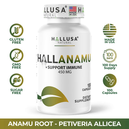 Hallusa Natural Anamu Root 450 mg – Organic Anamu Capsules (Petiveria alliacea) – Immune Support & Energy – 100 Capsules