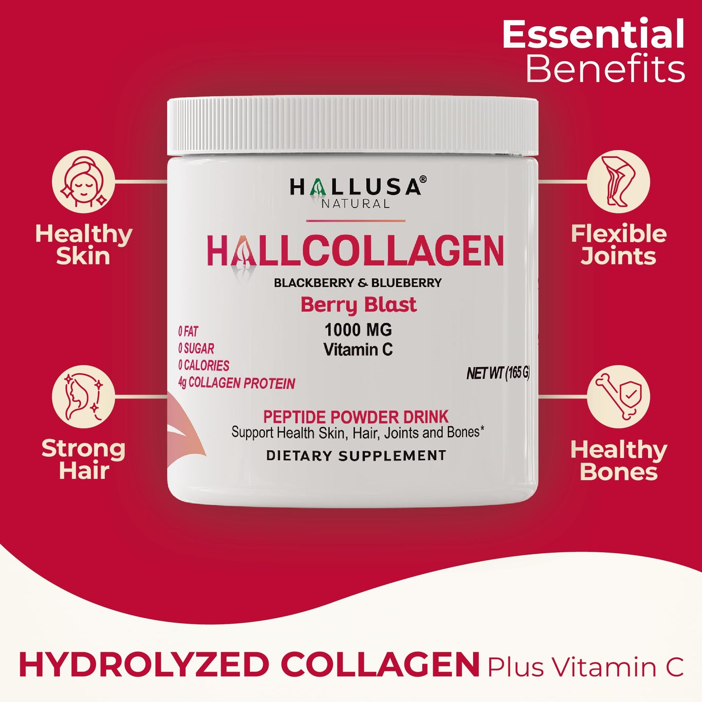 Hallusa Collagen Peptides Powder 1000mg + Vitamin C – BlackBerry & Blueberry Flavor | 4g per Serving