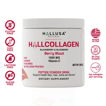 Hallusa Collagen Peptides Powder 1000mg + Vitamin C – BlackBerry & Blueberry Flavor | 4g per Serving