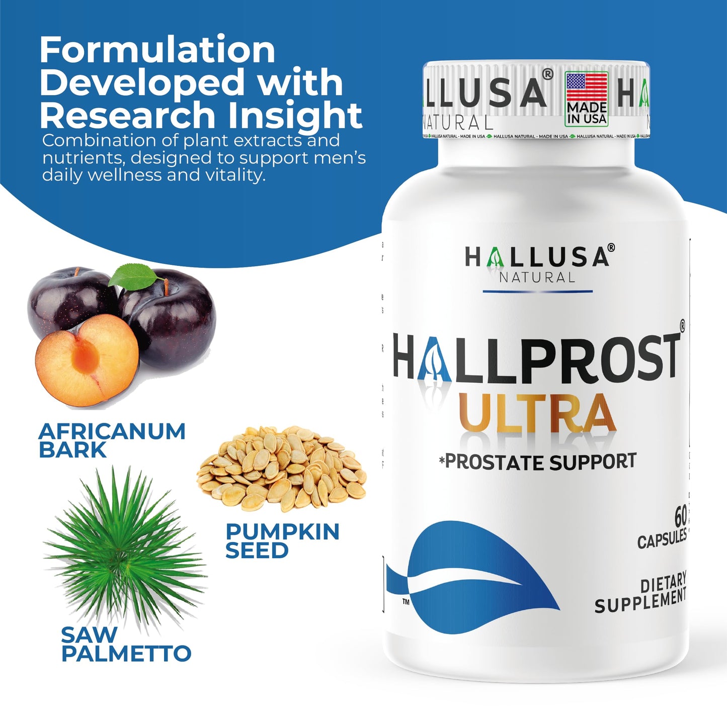 Hallusa Natural HallPROST Ultra Prostate Health Supplement for Men – Saw Palmetto, Lycopene, Pygeum, Zinc, Magnesium, Vitamin E | 60 Capsules