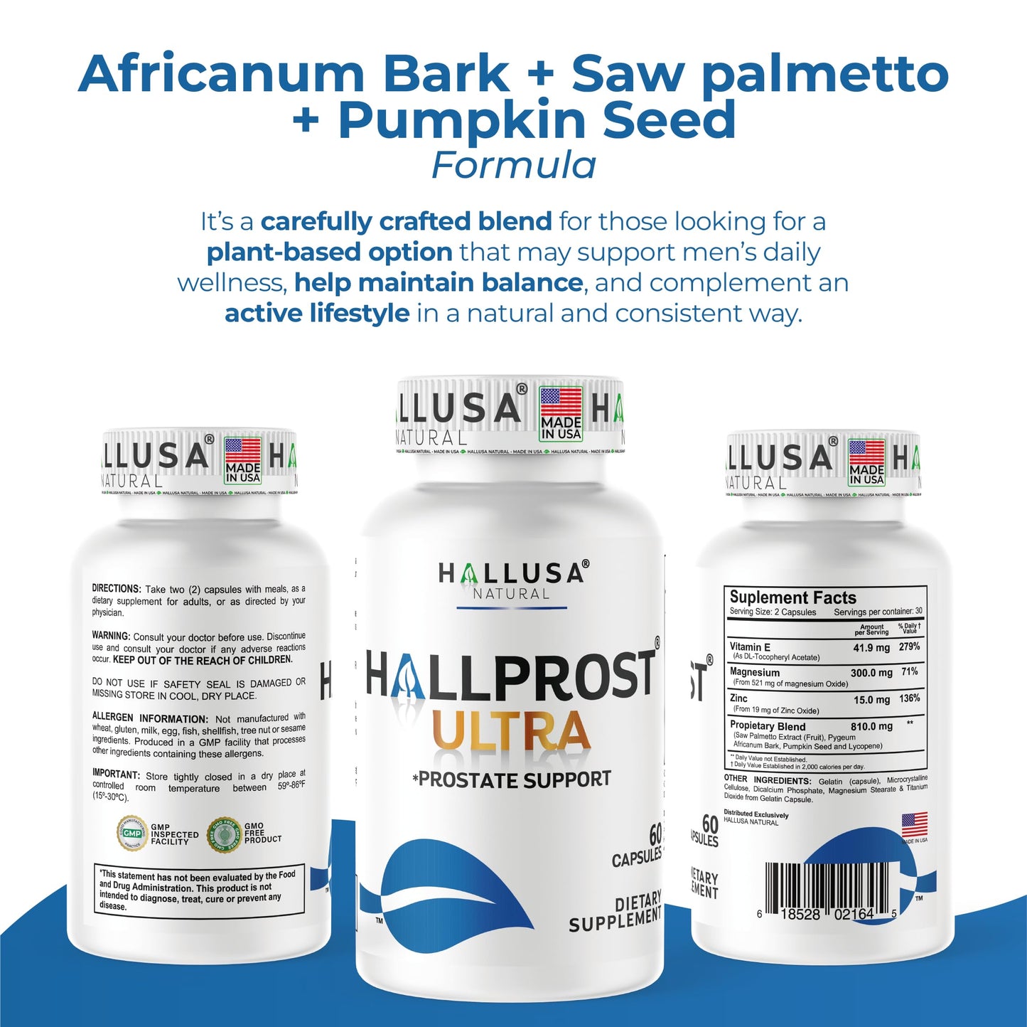 Hallusa Natural HallPROST Ultra Prostate Health Supplement for Men – Saw Palmetto, Lycopene, Pygeum, Zinc, Magnesium, Vitamin E | 60 Capsules