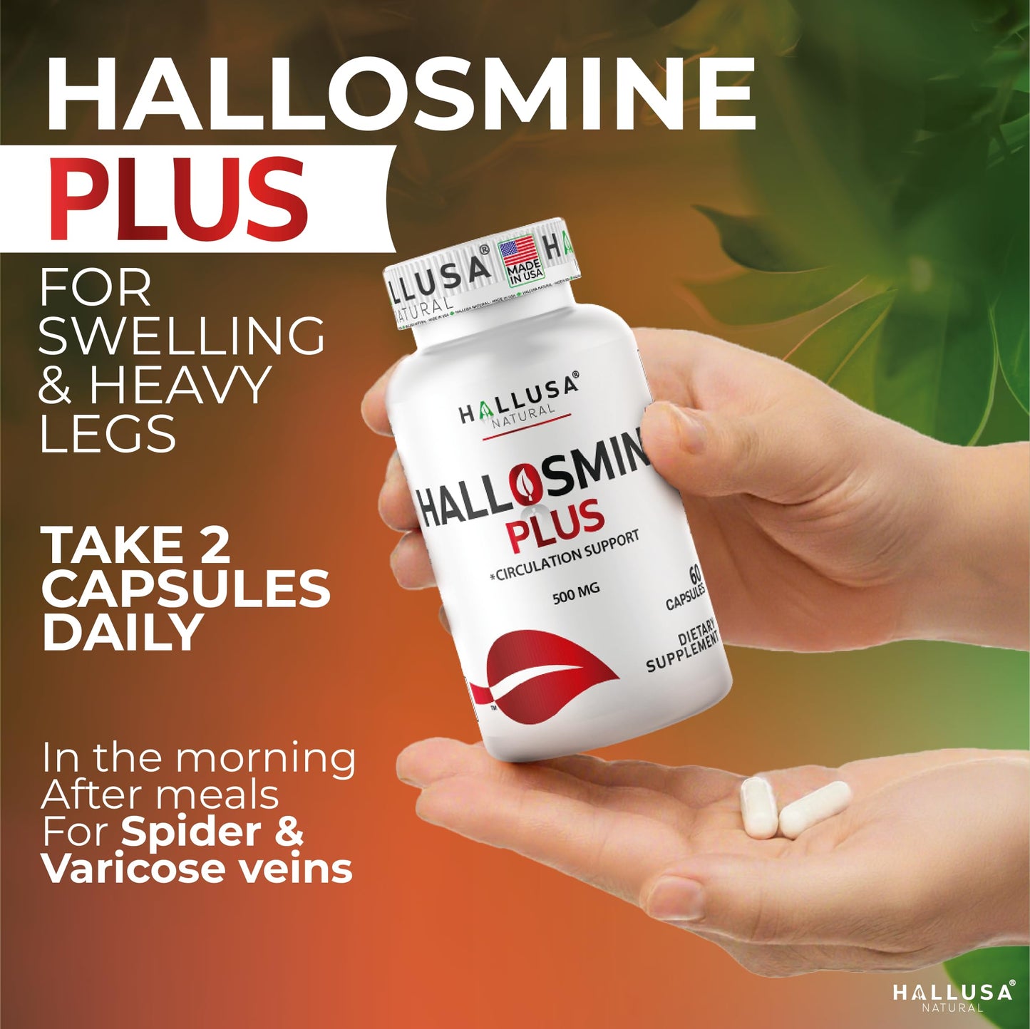 Hallusa Natural Hallosmine Plus 500mg Diosmin | Leg Circulation & Vein Support | 60 Capsules
