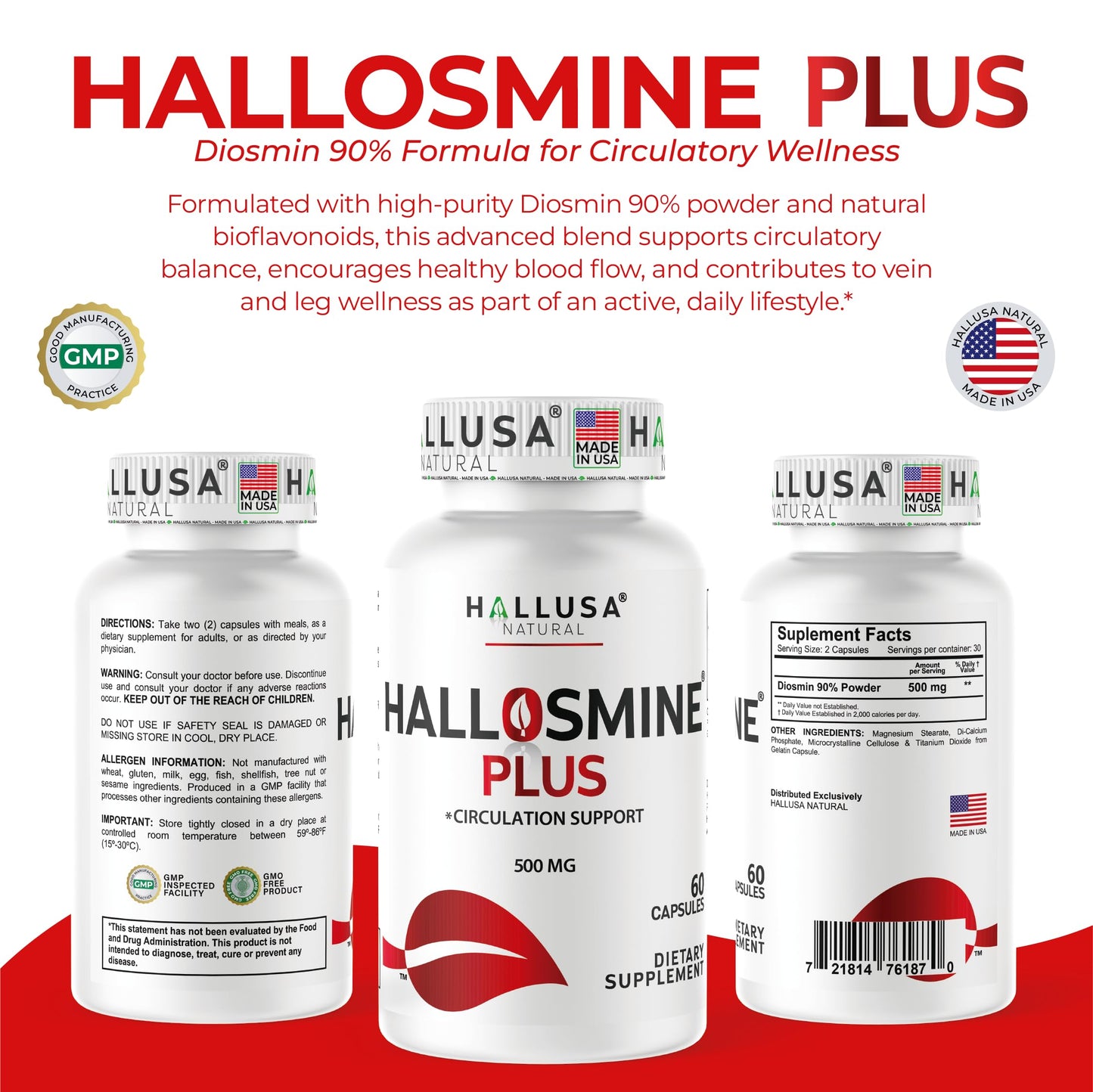 Hallusa Natural Hallosmine Plus 500mg Diosmin | Leg Circulation & Vein Support | 60 Capsules