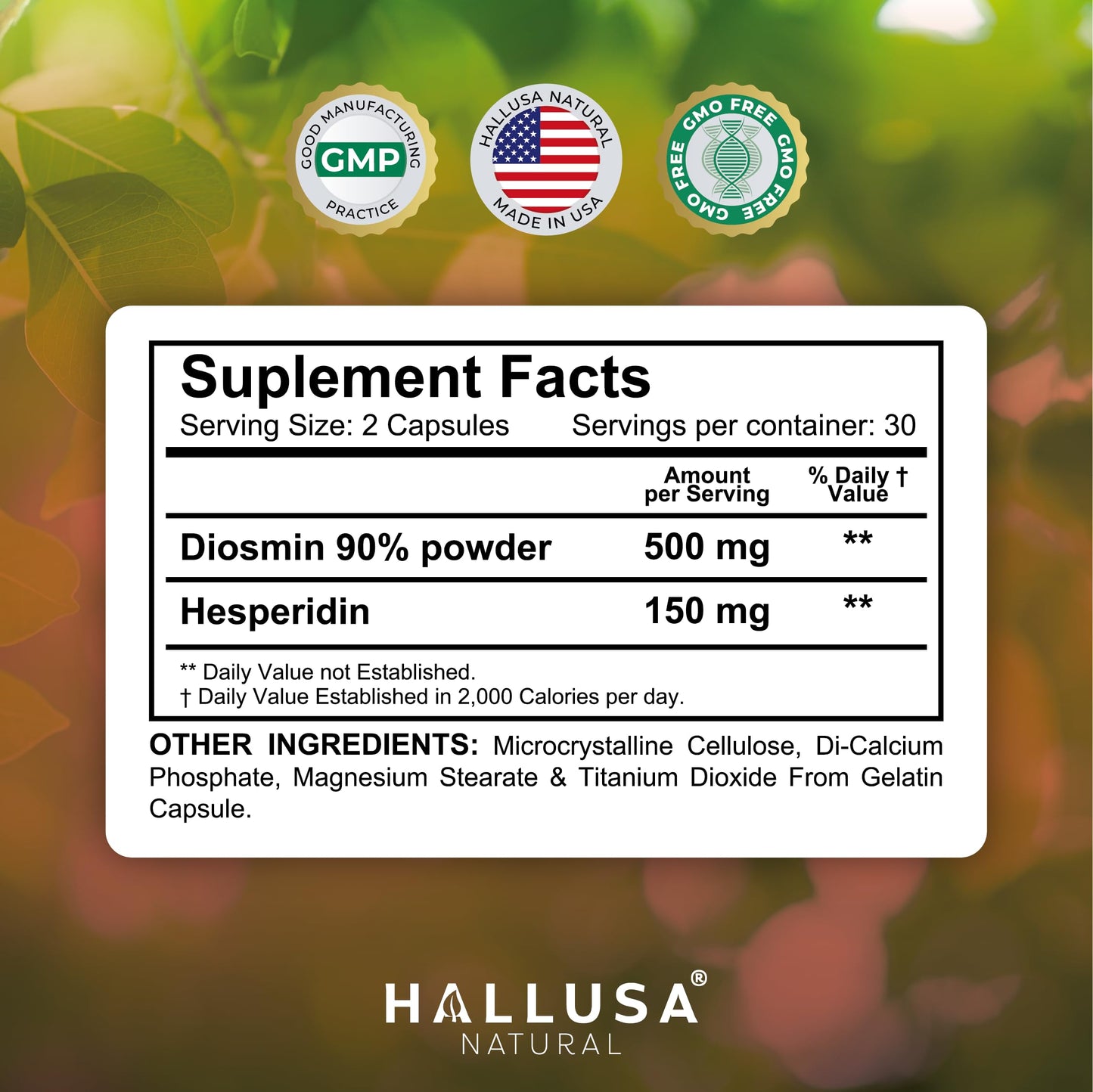 Hallusa Natural Hallosmine Ultra Diosmin 500mg & Hesperidin 150mg – Heavy Legs & Vein Support, 60 Caps