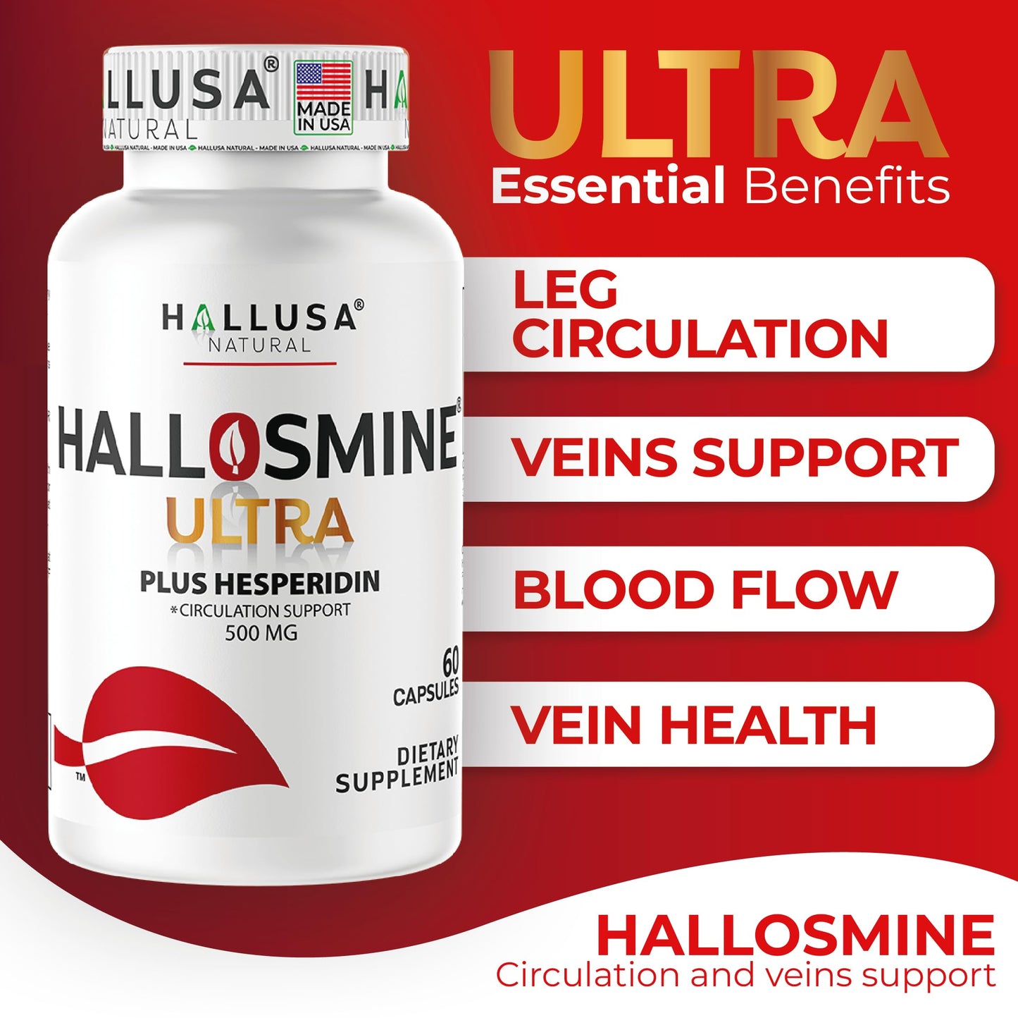 Hallusa Natural Hallosmine Ultra Diosmin 500mg & Hesperidin 150mg – Heavy Legs & Vein Support, 60 Caps