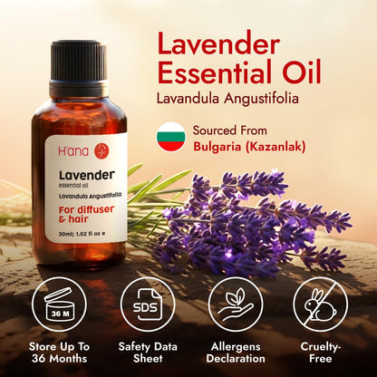 H'ana Lavender Essential Oil – 1.02 Fl Oz for Hair, Skin, Diffuser & DIY Crafts