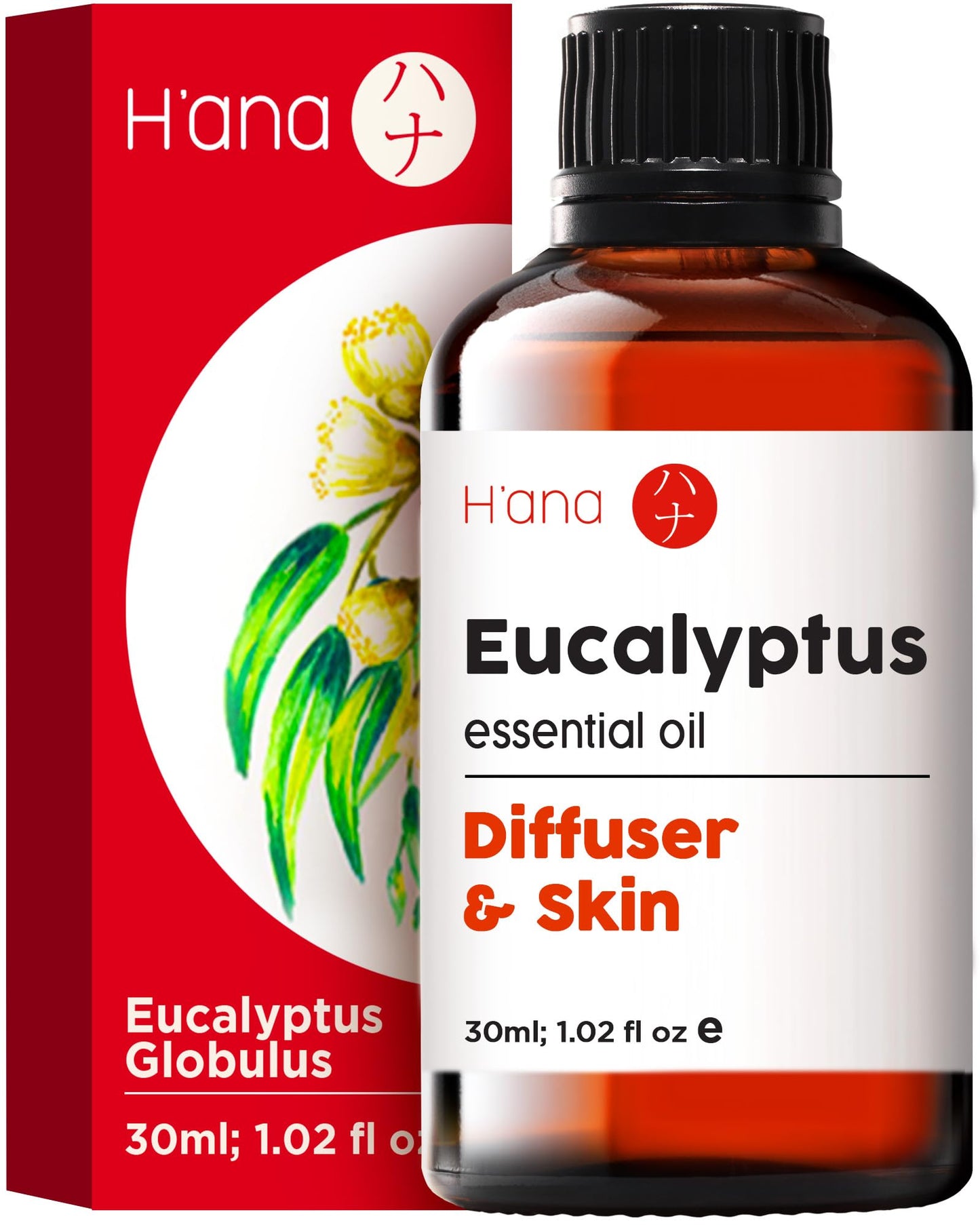 H'ana Eucalyptus Essential Oil - 1.02 Fl Oz for Hair, Skin, Diffuser & DIY