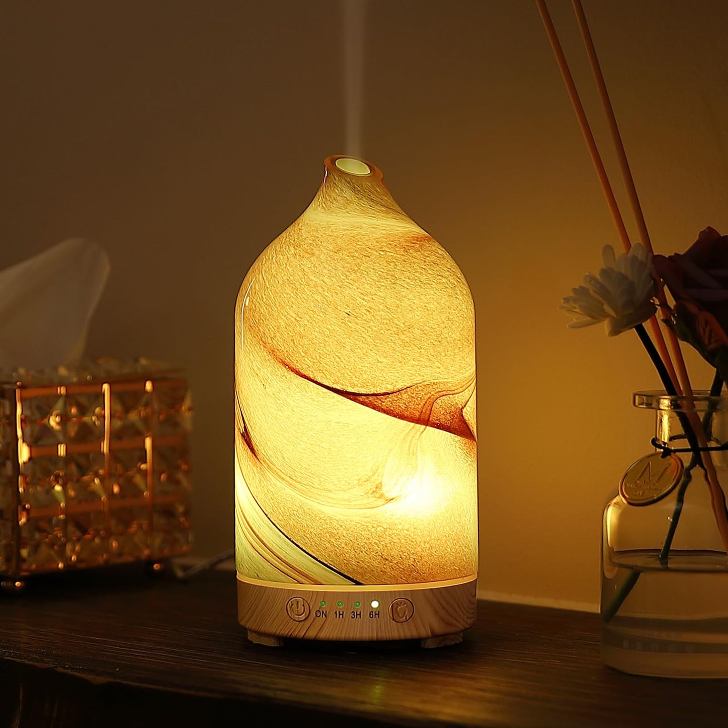 Hand Blown Glass Essential Oil Diffuser – Ultrasonic Cool Mist, Auto Shut-Off, 7-Color Night Light