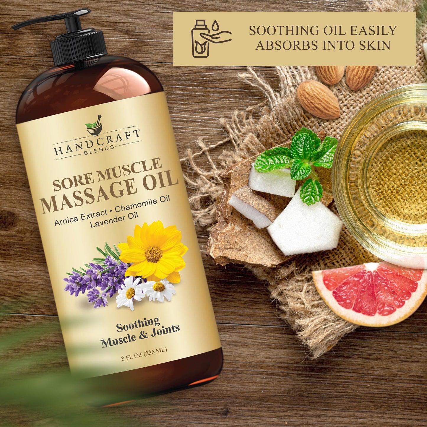 Handcraft Blends Sore Muscle Massage Oil 8oz – Arnica, Chamomile, Lavender & Peppermint
