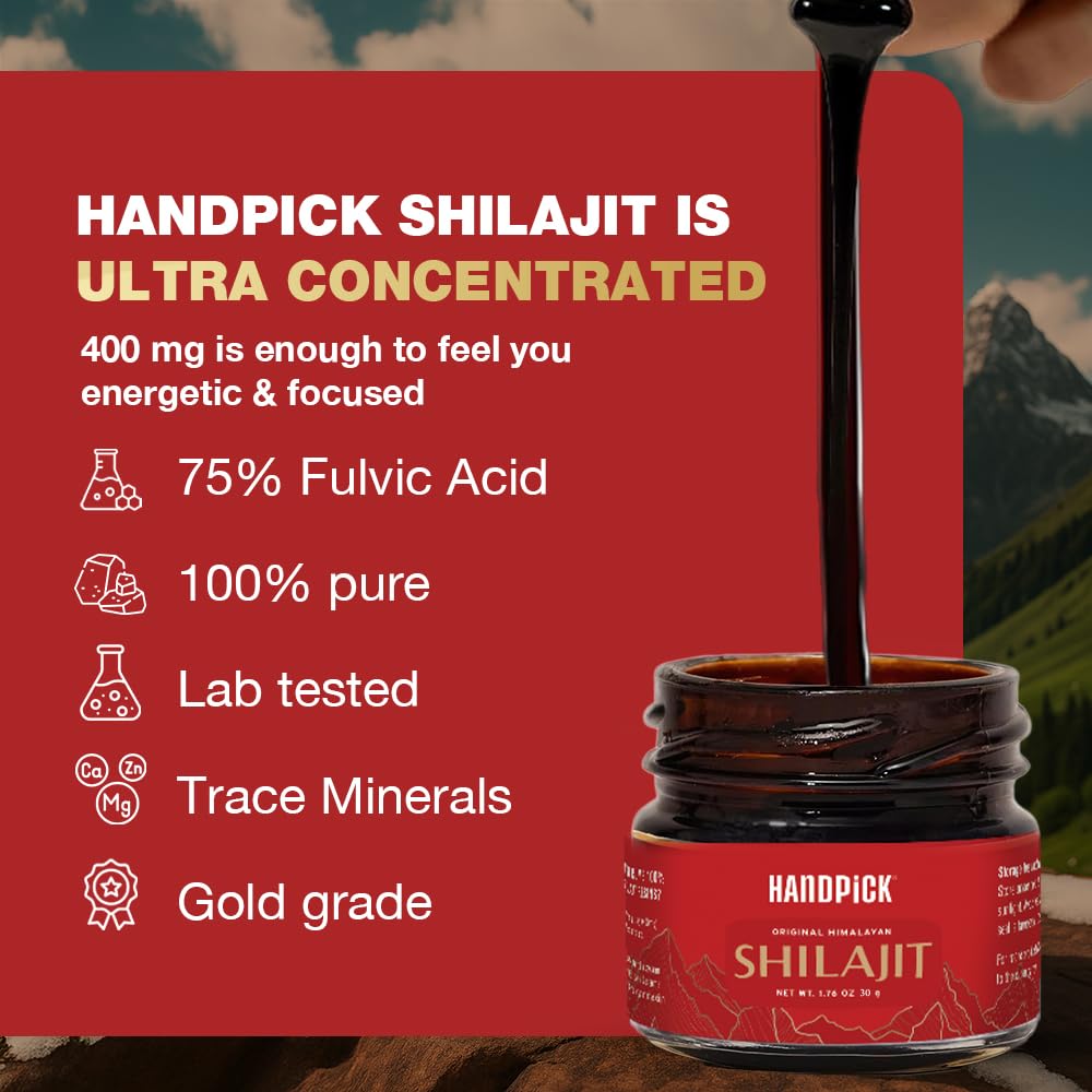 HANDPICK Himalayan Shilajit Resin | 75% Fulvic Acid, 85+ Trace Minerals | 100% Natural Supplement, 30 Grams | Non GMO, Gluten Free, Sugar Free | High Dosage of Energy of Men & Women | 400mg