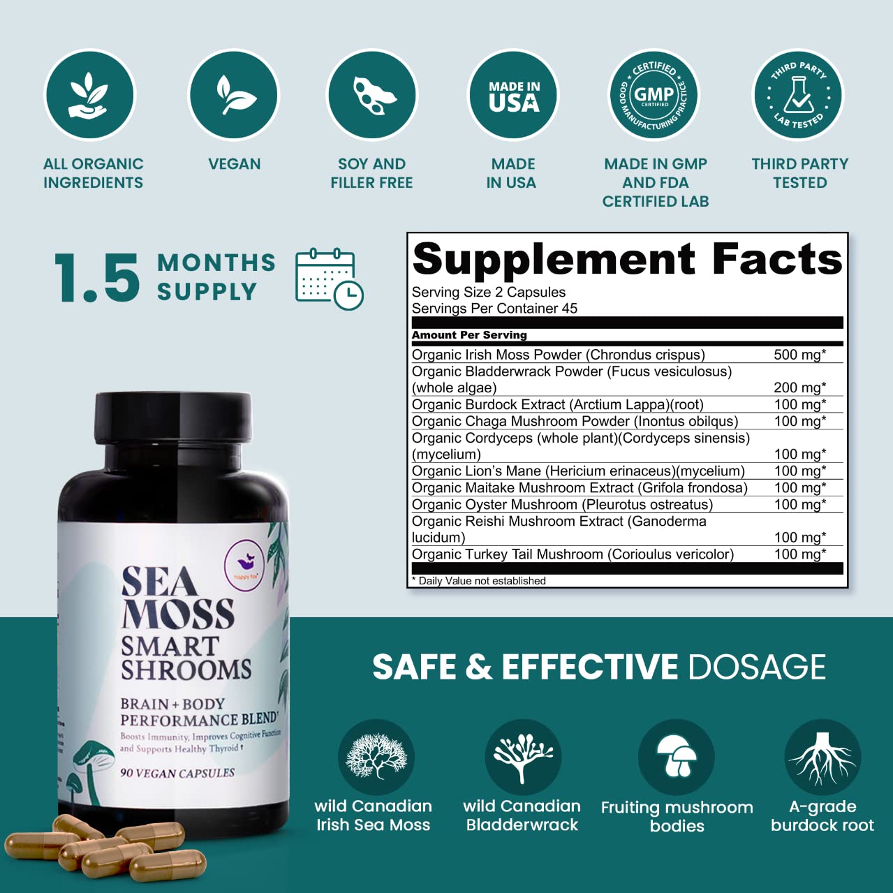 HAPPY FOX Irish Sea Moss Capsules & Mushroom Complex - 1500mg, 90 Vegan Capsules