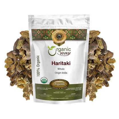 Organic Way Haritaki Whole 8 oz | Haritaki Chebulic Myrobalan | Kosher & USDA Organic | Vegan Non-GMO Gluten Free | 100% Raw from India