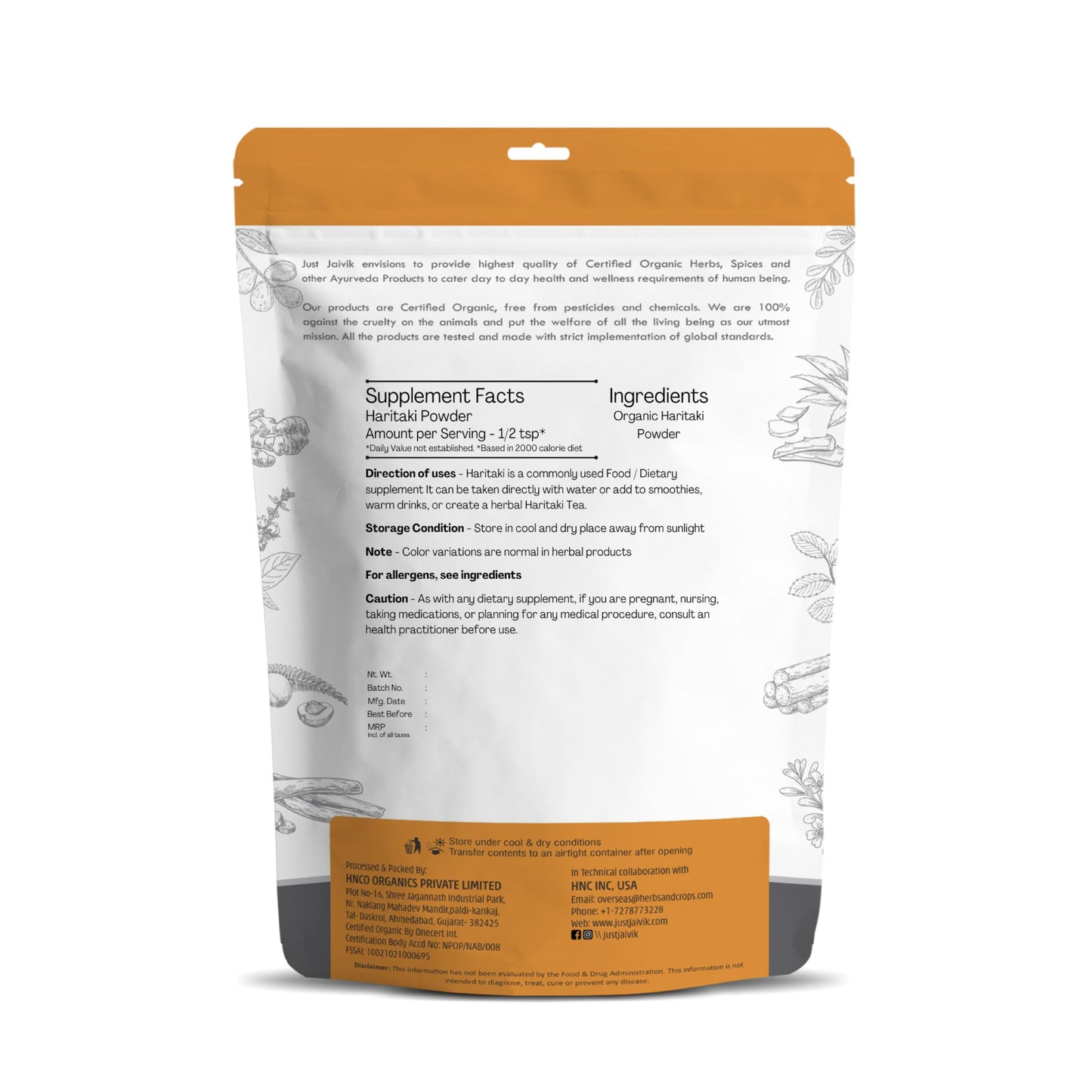 Just Jaivik Haritaki Powder - 100% Organic (227g) - USDA Organic