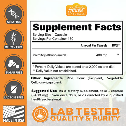 HARVEST NATURALS Palmitoylethanolamide (PEA) Capsules 400mg | 180 Count | Inflammation & Discomfort Support | Lab Tested Ingredients