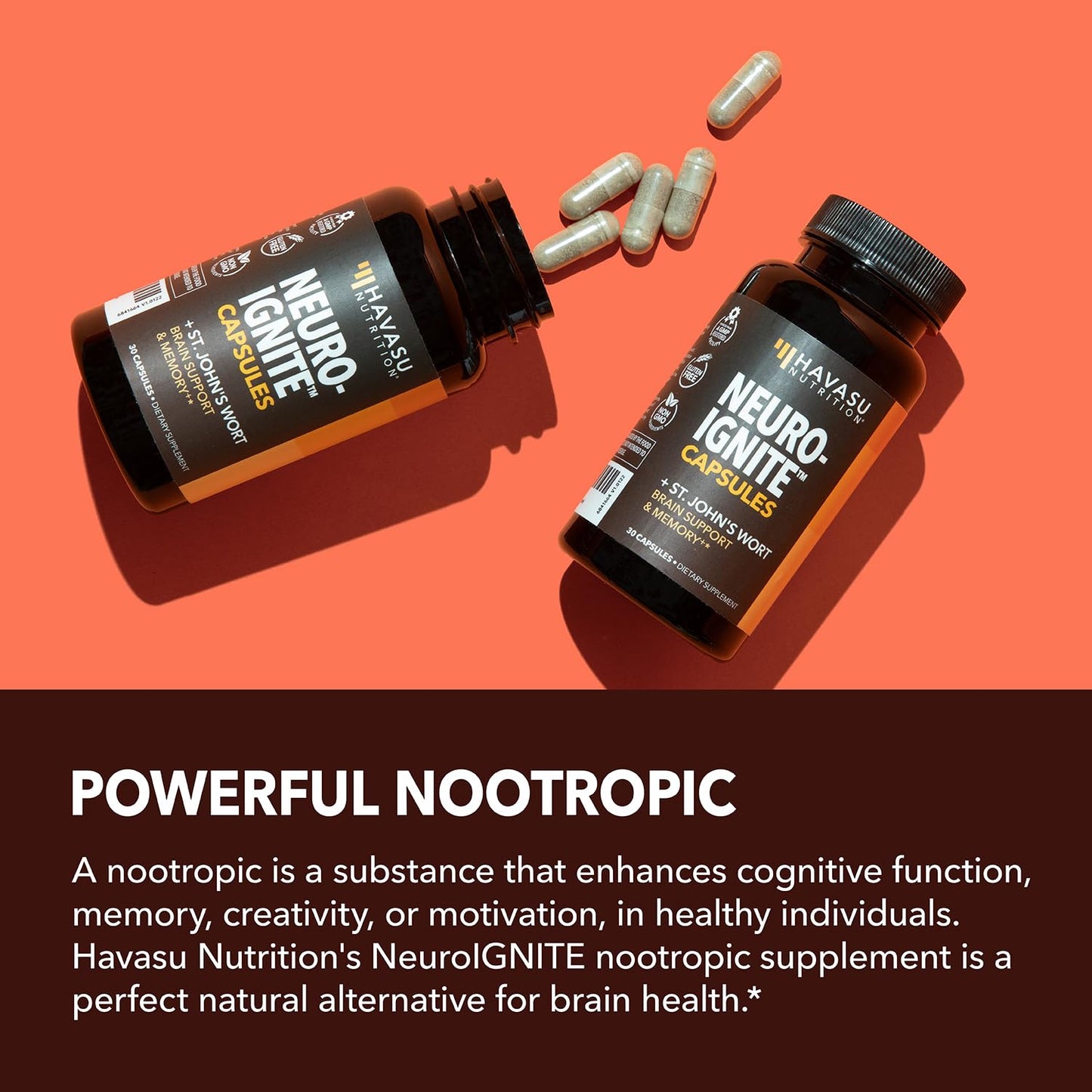 HAVASU NUTRITION NeuroIGNITE Brain Supplement — Memory & Focus, 60 Count, 2-Month Non-GMO Capsules
