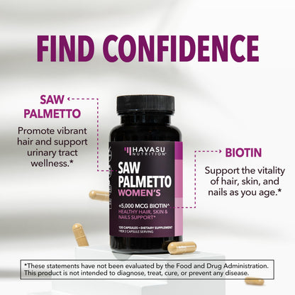 HAVASU Nutrition Saw Palmetto with Biotin 5000mcg - Vegan, Non-GMO DHT Support for Hair, Skin & Nails - 120 Count