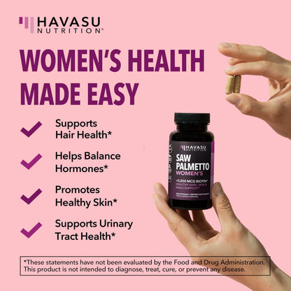 HAVASU Nutrition Saw Palmetto with Biotin 5000mcg - Vegan, Non-GMO DHT Support for Hair, Skin & Nails - 120 Count