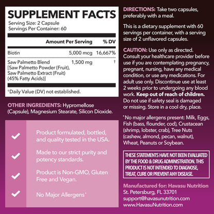 HAVASU Nutrition Saw Palmetto with Biotin 5000mcg - Vegan, Non-GMO DHT Support for Hair, Skin & Nails - 120 Count