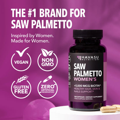 HAVASU Nutrition Saw Palmetto with Biotin 5000mcg - Vegan, Non-GMO DHT Support for Hair, Skin & Nails - 120 Count