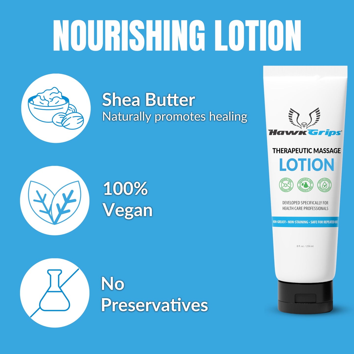 HawkGrips 8oz Therapeutic Massage Lotion – Unscented, Non-Greasy, Deep Tissue